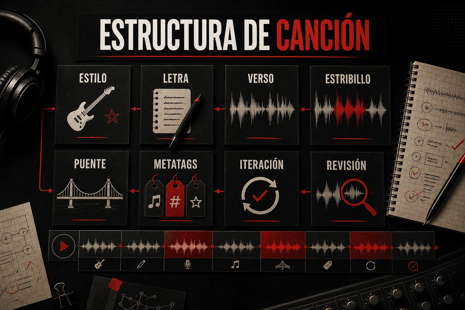 Infografía de estructura de canción con estilo, letra, verso, estribillo, puente, metatags, iteración y revisión.